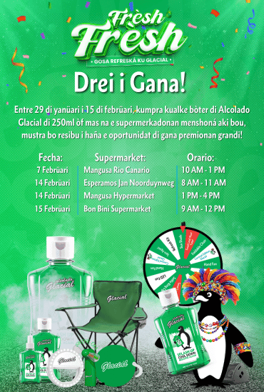 Glacial Karnival ‘Fresh Fresh – Drei i Gana’ promotional banner in Curaçao, featuring Glacial alcoholic beverage, prize wheel, and in-store activation details at local supermarkets.